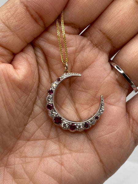 Vintage English 9ct gold vintage diamond and ruby crescent pendant