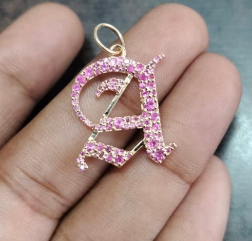14 K gold pink sapphire gothic font initial pendant
