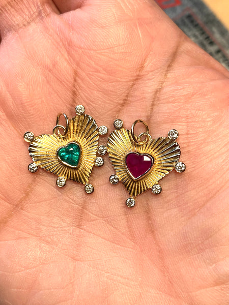 14K Gold Emerald Ruby Diamond Bursting with Love pendant fluted medallion
