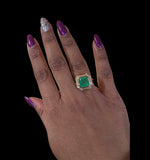 14K Gold 3.43 Ctw Colombian Emerald and Diamond bezel Halo ring