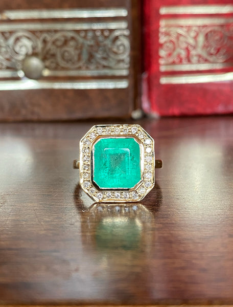 14K Gold 3 Carat Colombian Emerald Asscher Cut Diamond halo Ring