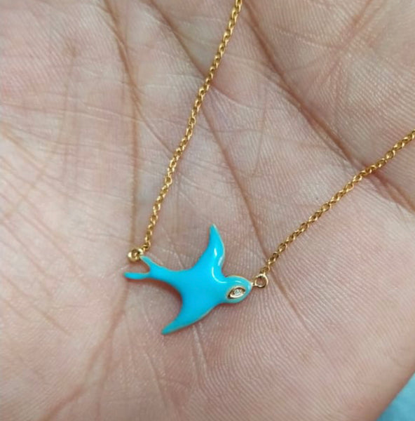 14K Gold and Diamond Turquoise Blue bird necklace nature