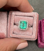 14K Gold 1.5 ctw Light Green Colombian Emerald Diamond Halo Ring