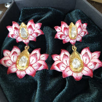 Lotus earrings Polki diamond enamel flower floral dangle drop earrings nature Gold vermeil earrings