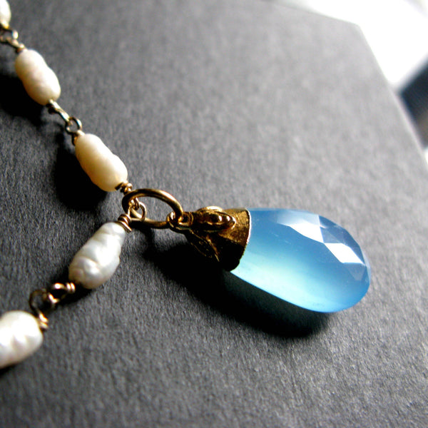 My Big Day Grade A aqua sky blue chalcedony and rice pearl 14K gold Wedding necklace