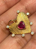 14K Gold Diamond and Ruby Bursting with Love pendant fluted medallion