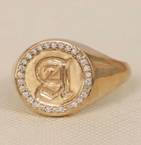 14K gold and diamond Gothic initial signet ring