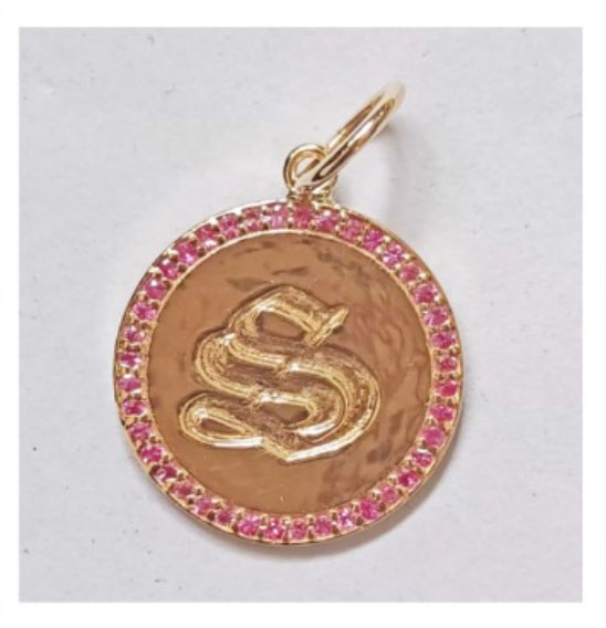 14 K gold Gothic font engraved initial pendant with birthstones