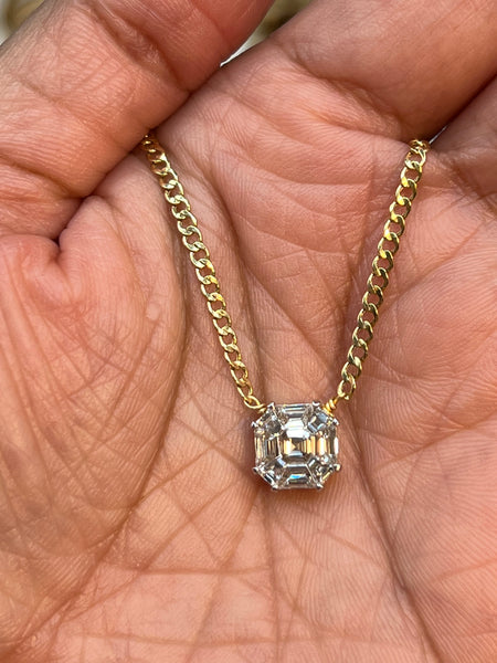 14K Gold Asscher cut .75 ctw Diamond Mosaic necklace 4 carat look