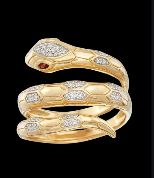 Diamond snake ring 18K gold over sterling silver with Garnet Eye