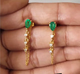 14K Yellow Gold Emerald and diamond chain earrings