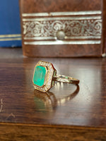 14K Gold 3.43 Ctw Colombian Emerald and Diamond bezel Halo ring