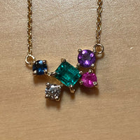 14K Yellow Gold Colombian Emerald Diamond Blue Sapphire Ruby and Amethyst Cluster necklace