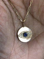14K Gold evil eye necklace .12 ctw blue sapphires and diamonds necklace spirit