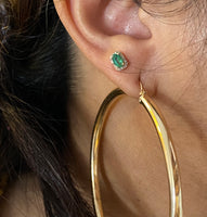 14K Yellow Gold petite 3/8 Ct. Emerald and 1/10 ct. diamond halo stud earrings radiant emerald cut earrings