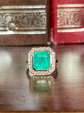 14K Gold 3.43 Ctw Colombian Emerald and Diamond bezel Halo ring