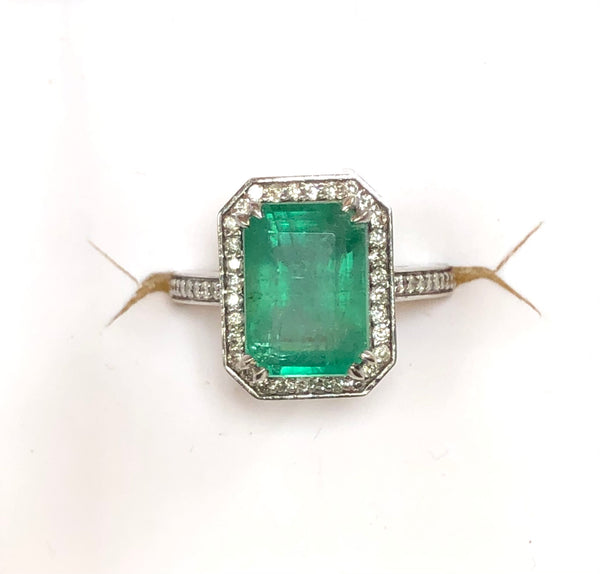 14K Gold 3 carat Zambian Emerald and Diamond Halo Ring