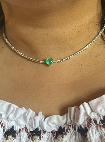 14K White Gold Colombian Emerald and half Diamond tennis Choker