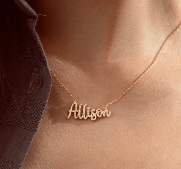 14K Gold and Diamond Name Word Necklace Personalized necklace