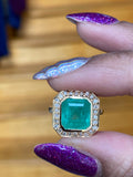14K Gold 3.43 Ctw Colombian Emerald and Diamond bezel Halo ring