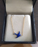Enamel and diamond 14K Gold Bluebird necklace bluejay  necklace