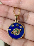 14K Yellow gold diamond and emerald galaxy pendant with dark blue enamel blue pendant dreamer