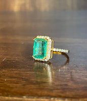 14K Yellow Gold Emerald and Diamond Halo Ring