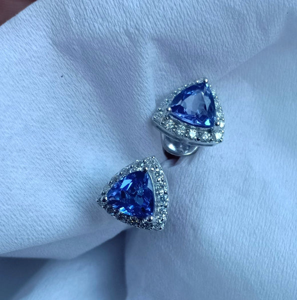 14K white gold trillion Tanzanite and diamond stud earrings