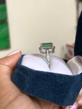 14K Gold Zambian Emerald and diamond halo Ring