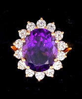Vintage 5.35 carat Oval amethyst and 1 ctw G VS diamond halo ring diva 14K Yellow Gold size 5