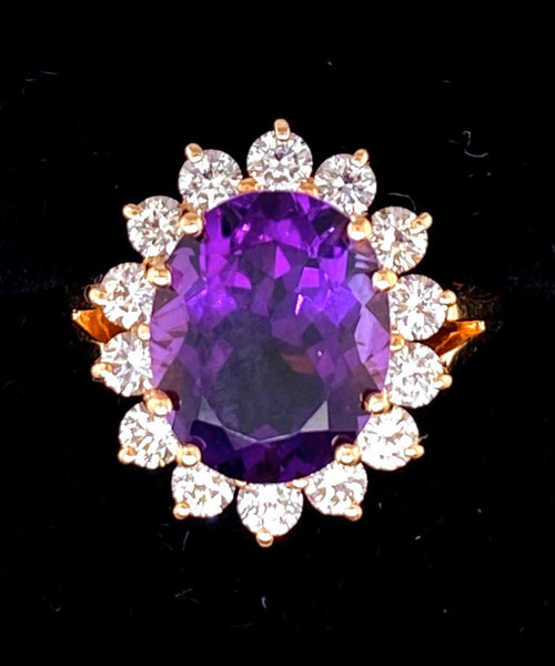 Vintage 5.35 carat Oval amethyst and 1 ctw G VS diamond halo ring diva 14K Yellow Gold size 5