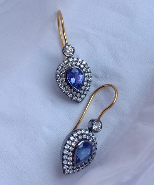 14K Gold two-tone Yellow and blackened Tanzanite and diamond earrings