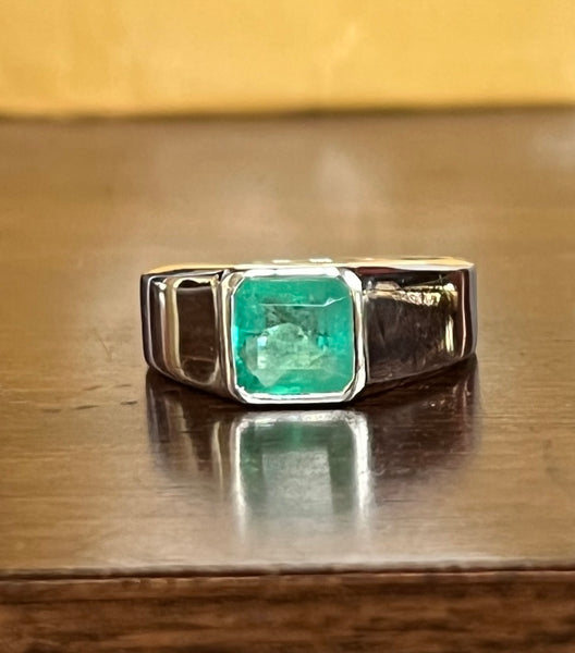 Mens Asscher cut Colombian Emerald Sterling Silver Ring