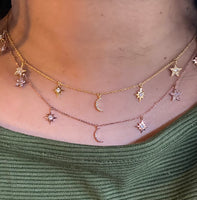 14K White Gold and diamond crescent Moon and stars necklace choker