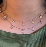 14K White Gold and diamond crescent Moon and stars necklace choker