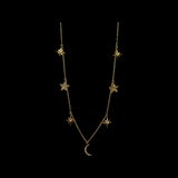 14K White Gold and diamond crescent Moon and stars necklace choker