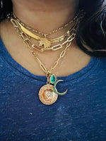 14K Gold Crescent pendant with Zambian emeralds and diamonds