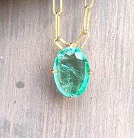 14K Gold Oval Zambian Emerald eye clean pendant