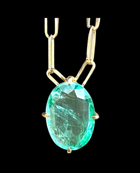 14K Gold Oval Zambian Emerald eye clean pendant