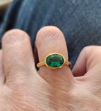 14K Gold Vivid Green Oval Emerald Bezel Set Ring