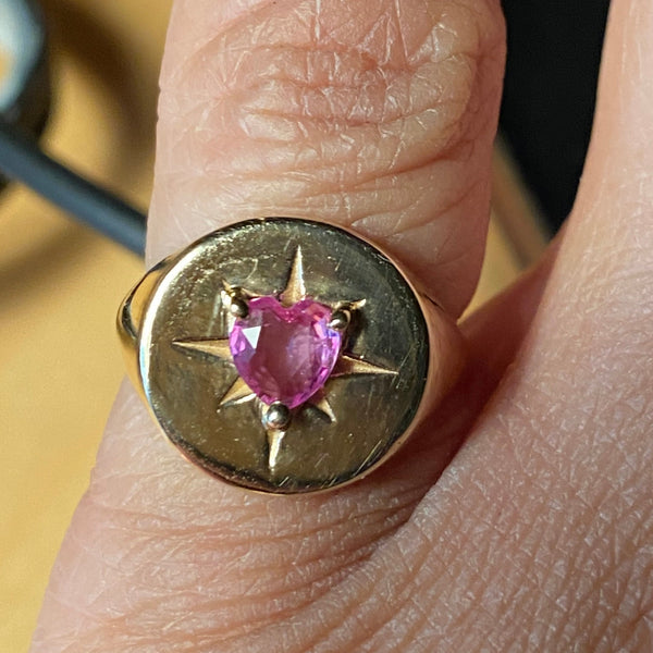 14K Gold Pink Sapphire Heart Signet Ring