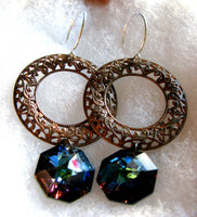 Galactic Orbit Vintaj filigree hoop and vintage cosmic blue swarovski octagon crystal sterling silver earrings ONLY ONE