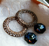 Galactic Orbit Vintaj filigree hoop and vintage cosmic blue swarovski octagon crystal sterling silver earrings ONLY ONE