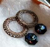 Galactic Orbit Vintaj filigree hoop and vintage cosmic blue swarovski octagon crystal sterling silver earrings ONLY ONE