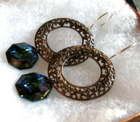 Galactic Orbit Vintaj filigree hoop and vintage cosmic blue swarovski octagon crystal sterling silver earrings ONLY ONE
