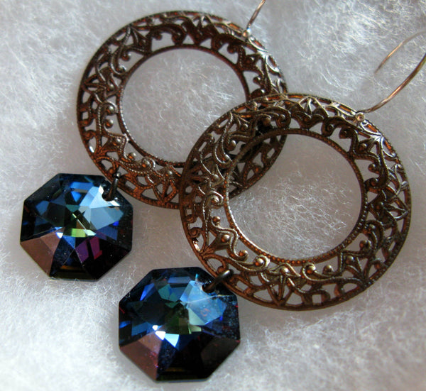 Galactic Orbit Vintaj filigree hoop and vintage cosmic blue swarovski octagon crystal sterling silver earrings ONLY ONE