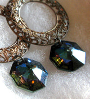 Galactic Orbit Vintaj filigree hoop and vintage cosmic blue swarovski octagon crystal sterling silver earrings ONLY ONE