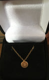 22K Solid Yellow Gold coin handstamped initial necklace