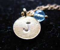 Initially Mine 24K Gold vermeil disc custom Initial hand Stamped disc coin micro faceted aquamarine apatite round birthstone necklace