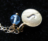 Initially Mine 24K Gold vermeil disc custom Initial hand Stamped disc coin micro faceted aquamarine apatite round birthstone necklace